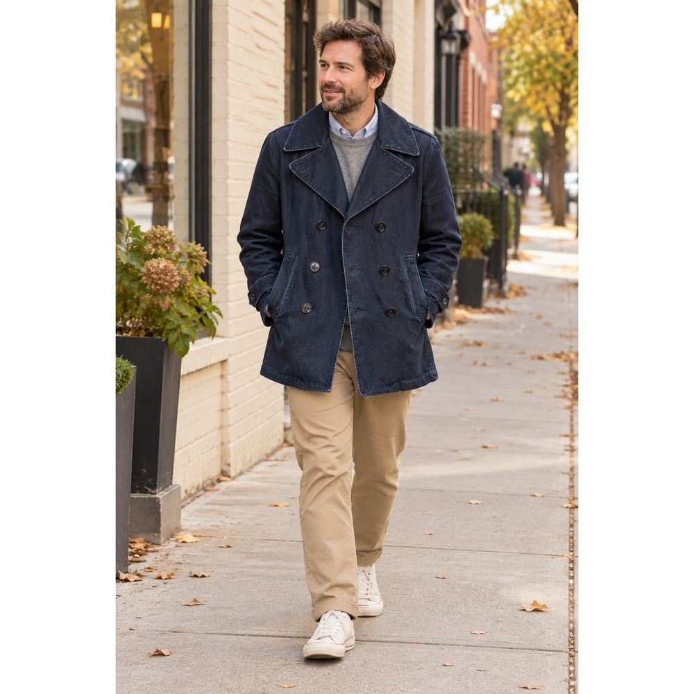 VTG Polo Ralph Lauren Denim Pea Coat Dark Indigo Denim Double Breasted Mens Sz L